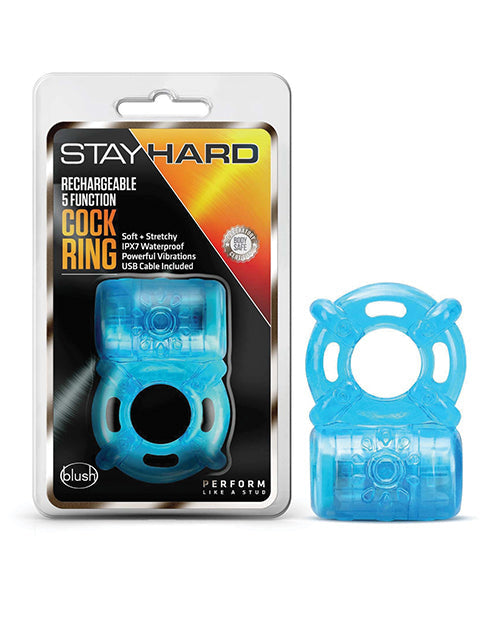 Blush Stay Hard Herlaaibare 5-Funksie Penisring - Blou
