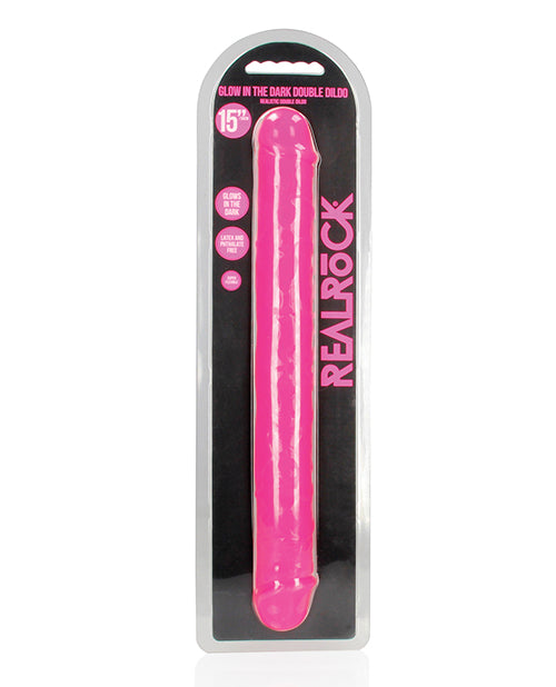 Shots RealRock 15" Groot Dildo | Neonpienk Reuse Dildo | Gloei in die Donker Dubbelzijdige Dildo