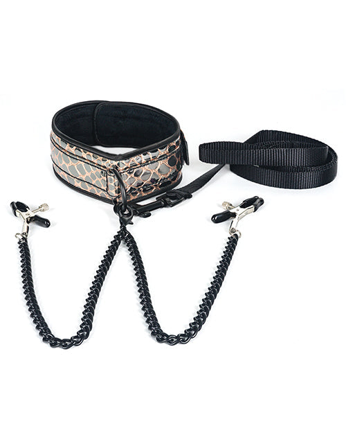 Collier et laisse Spartacus en similicuir avec pinces à tétons noires - Doré