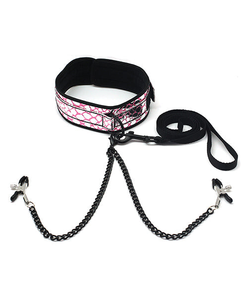 Collier et laisse Spartacus en similicuir avec pinces à tétons noires - Rose